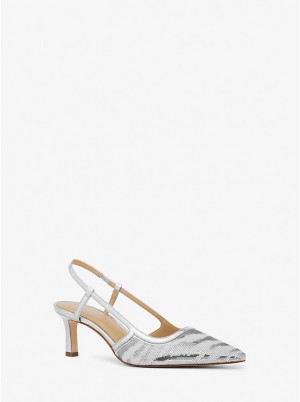 Női Michael Kors Alora Sequined Zebra Slingback Magassarkú OPTIC WHITE/SILVER | HU1732XYV