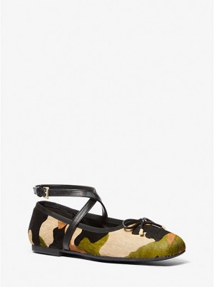 Női Michael Kors Collette Camouflage Print Calf Hair Ballet Lapos Cipő Olivazöld | HU1681CTM