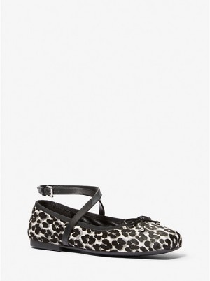 Női Michael Kors Collette Leopard Print Calf Hair Ballet Lapos Cipő Fekete | HU1685MQE