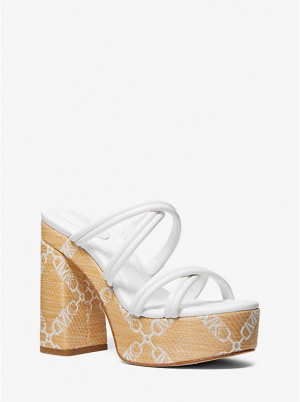 Női Michael Kors Corrine Empire Logo Jacquard Straw Platform Szandál NAT/OPTICWHT | HU1841MQB