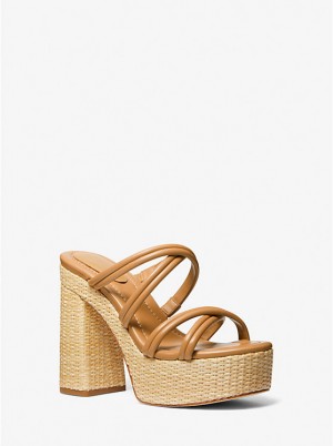 Női Michael Kors Corrine Leather and Straw Platform Szandál PALE PEANUT | HU1843NWM