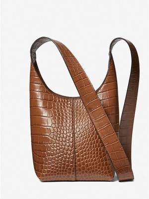 Női Michael Kors Dede Mini Crocodile Embossed Leather Hobo Válltáska CHESTNUT | HU1196TCM