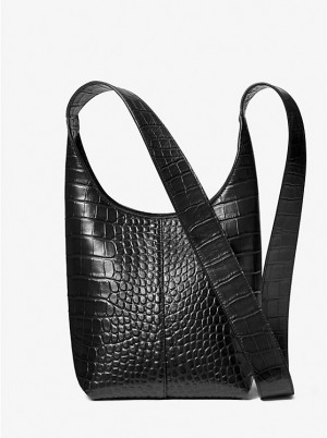 Női Michael Kors Dede Mini Crocodile Embossed Leather Hobo Válltáska Fekete | HU1197YXQ