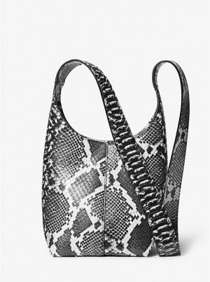 Női Michael Kors Dede Mini Python Embossed Leather Hobo Válltáska BLACK/WHITE | HU1203SGU