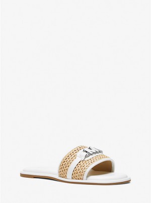 Női Michael Kors Ember Embellished Straw Slide Szandál NAT/OPTICWHT | HU1859OKG