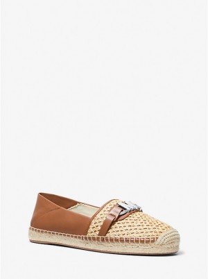 Női Michael Kors Ember Leather and Straw Espadrille Lapos Cipő NATURAL/LUGGAGE | HU1689VRU