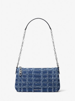 Női Michael Kors Empire Medium Frayed Denim Chain-Link Pochette Válltáska DENIM | HU1210LIF