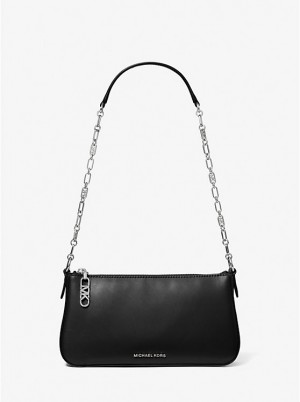 Női Michael Kors Empire Medium Leather Chain-Link Pochette Válltáska Fekete | HU1212XYH