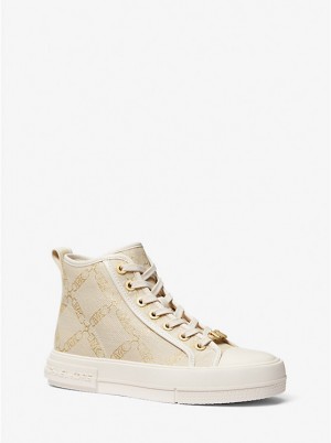 Női Michael Kors Evy Metallic Empire Logo Jacquard High-Top Sportcipő PALE GOLD/NATURAL | HU1986GSU