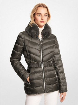 Női Michael Kors Faux Fur Trim Quilted Nylon Packable Puffer Kabát Olivazöld | HU1371BED