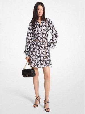 Női Michael Kors Floral Georgette Midi Ruha BLACK/WHITE | HU1295QMK