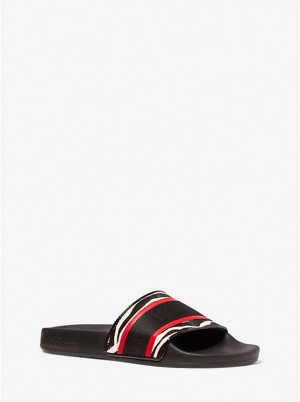 Női Michael Kors Gilmore Logo Tape and Printed Calf Hair Slide Szandál BLACK/CRIMSON | HU1866WNC