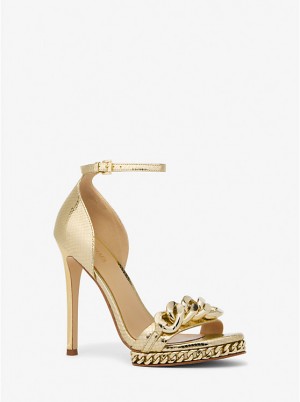 Női Michael Kors Jordyn Embellished Metallic Snake Embossed Leather Platform Szandál Arany | HU1891BEZ