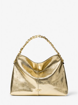 Női Michael Kors Jordyn Large Metallic Snake Embossed Leather Hobo Válltáska Arany | HU1219NWV