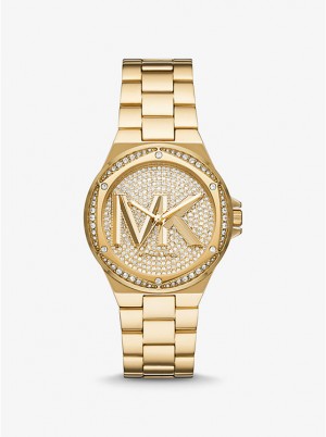 Női Michael Kors Lennox Pavé Logo Gold-Tone Logo Óra Arany | HU1585VRA