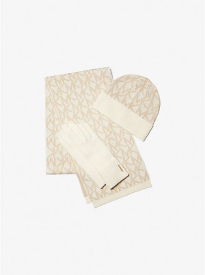 Női Michael Kors Logo Jacquard Scarf, Beanie and Gloves Gift Set Kalap BONE | HU1009MQW