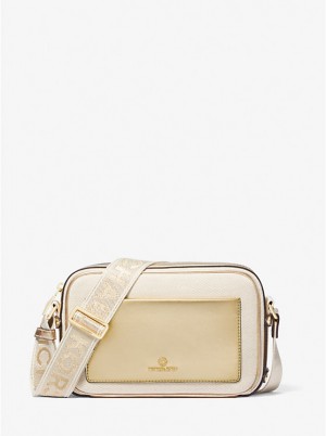 Női Michael Kors Maeve Large Canvas and Metallic Crossbody Táska PALE GOLD/NATURAL | HU1111BEV