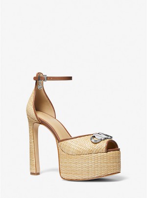 Női Michael Kors Martina Straw Peep-Toe Platform Pump Szandál NATURAL/LUGGAGE | HU1925YXM