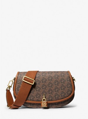 Női Michael Kors Mila Medium Empire Signature Logo Messenger Táska BROWN/LUGGAGE | HU1167NWN