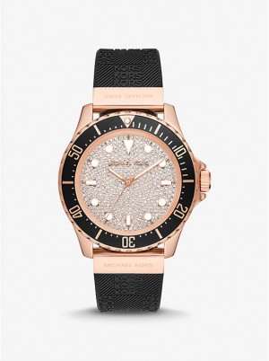 Női Michael Kors Oversized Slim Everest Pavé Rose-Gold Tone and Embossed Silicone Óra Fekete | HU1636BEI