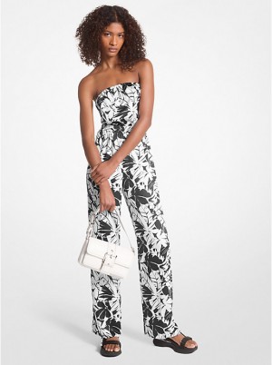 Női Michael Kors Palm Print Satin Tie-Back Jumpsuit Ruha BLACK/WHITE | HU1311HAU