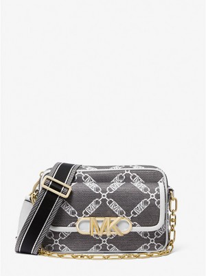 Női Michael Kors Parker Medium Empire Logo Jacquard Crossbody Táska BLACK/WHITE | HU1127DFS