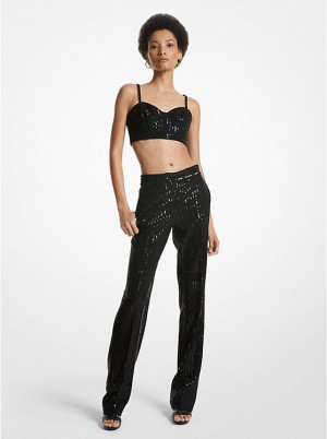 Női Michael Kors Pinstripe Sequined Crepe Straight-Leg Nadrág Fekete | HU1438FDM