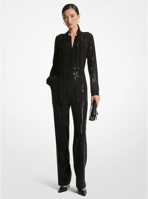 Női Michael Kors Pinstripe Sequined Georgette Jumpsuit Ruha Fekete | HU1314LIP