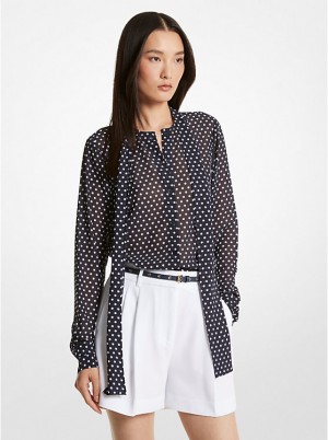 Női Michael Kors Polka Dot Georgette Tie-Neck Blúz MIDNIGHTBLUE | HU1456TCJ