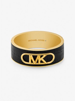 Női Michael Kors Precious Metal-Plated Brass and Crocodile Embossed Empire Logo Merev Karperec Fekete | HU1500RVU