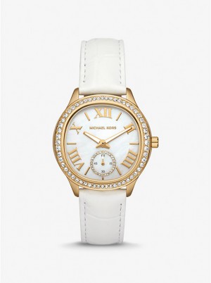 Női Michael Kors Sage Pavé Gold-Tone and Crocodile Embossed Leather Óra Fehér | HU1669PJF