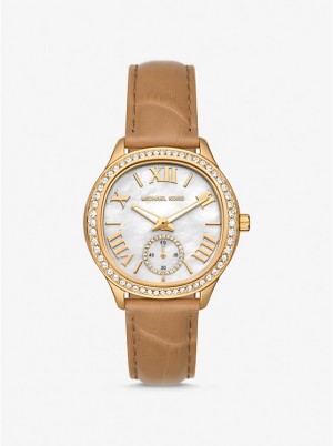 Női Michael Kors Sage Pavé Gold-Tone and Crocodile Embossed Leather Óra PEANUT | HU1670AHG