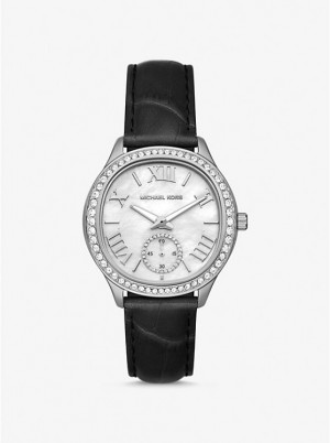 Női Michael Kors Sage Pavé Silver-Tone and Crocodile Embossed Leather Óra Fekete | HU1672DFJ