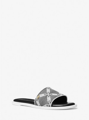 Női Michael Kors Saylor Empire Logo Jacquard Slide Szandál BLACK/WHITE | HU1957GST