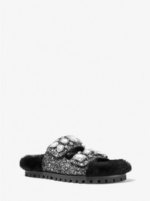 Női Michael Kors Stark Embellished Glitter and Faux Fur Slide Szandál BLACK/SILVER | HU1965UZD