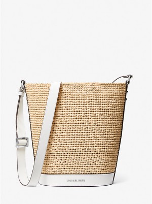 Női Michael Kors Townsend Medium Straw Bucket Messenger Tote NAT/OPTICWHT | HU1273VRV