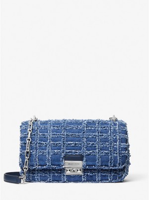 Női Michael Kors Tribeca Large Frayed Denim Crossbody Táska DENIM | HU1146UZR