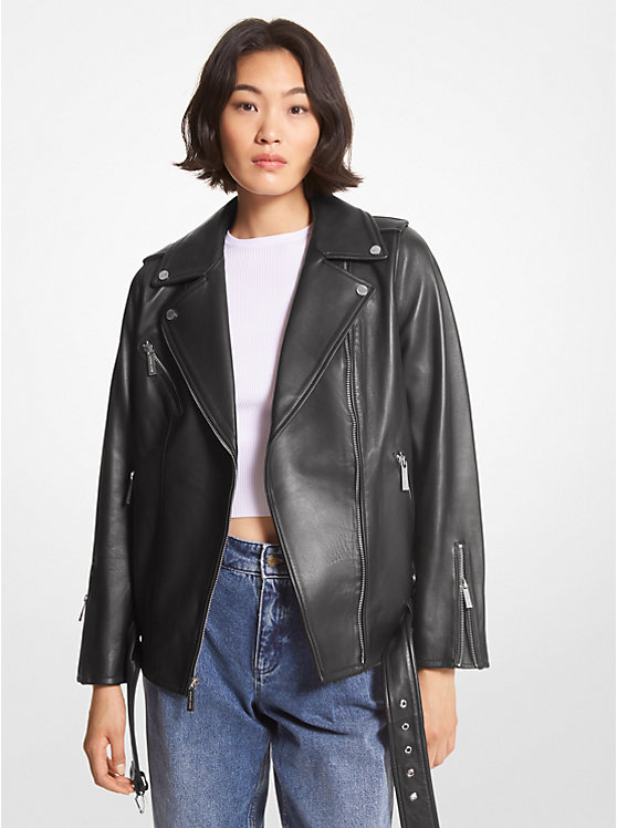 Női Michael Kors Belted Leather Biker Kabát Fekete | HU1353YXC