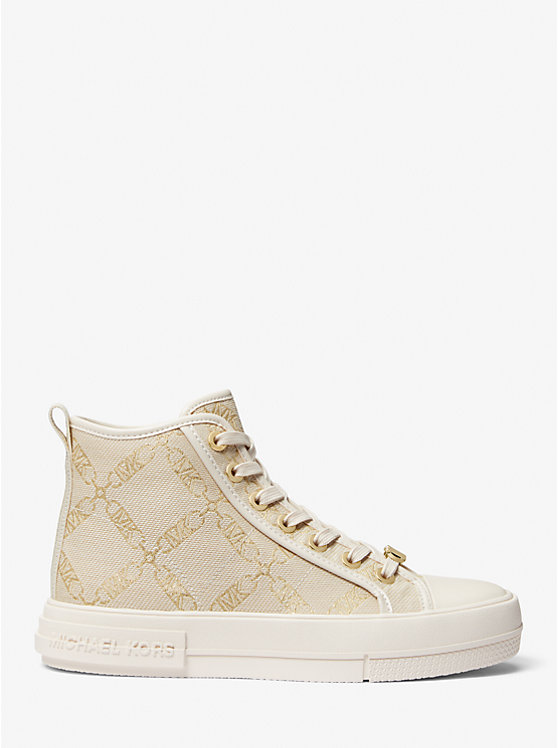 Női Michael Kors Evy Metallic Empire Logo Jacquard High-Top Sportcipő PALE GOLD/NATURAL | HU1986GSU