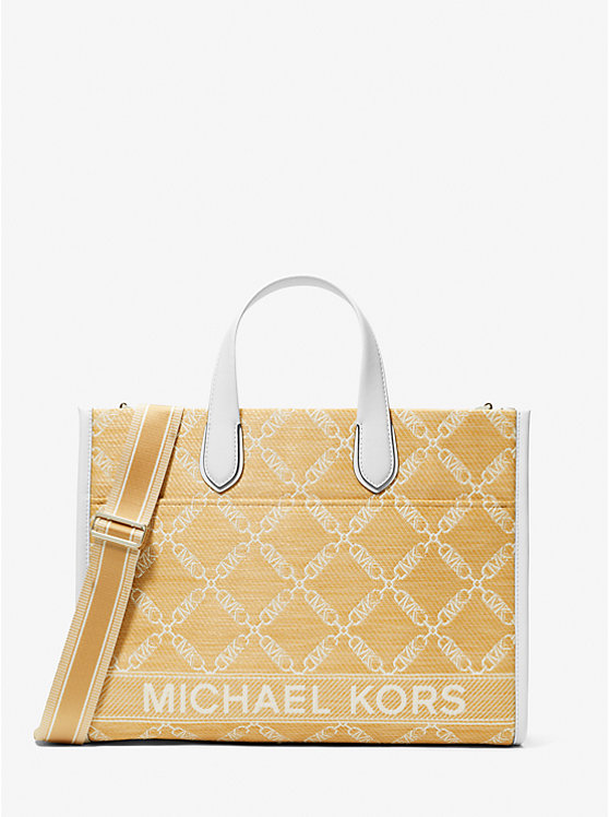 Női Michael Kors Gigi Large Empire Logo Jacquard Straw Tote NAT/OPTICWHT | HU1253PJE