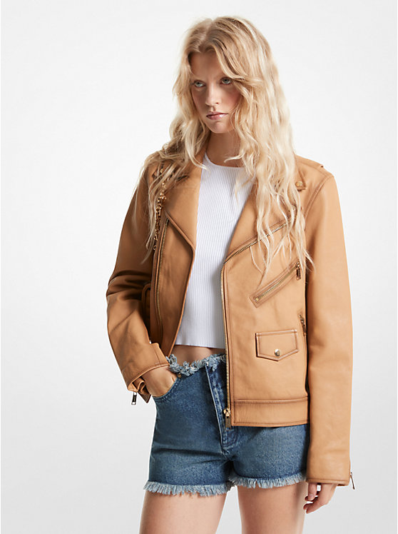 Női Michael Kors Leather Moto Kabát PALE PEANUT | HU1382KOB