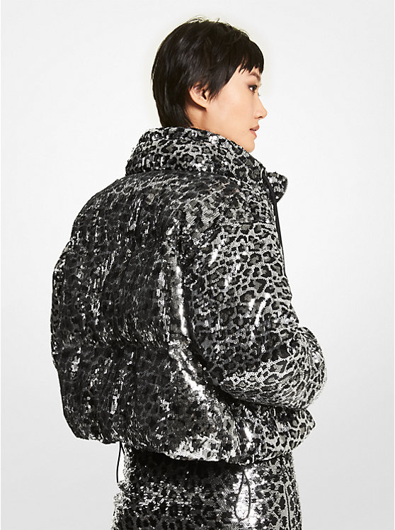 Női Michael Kors Leopard Sequined Cropped Puffer Kabát Fekete | HU1385GSM