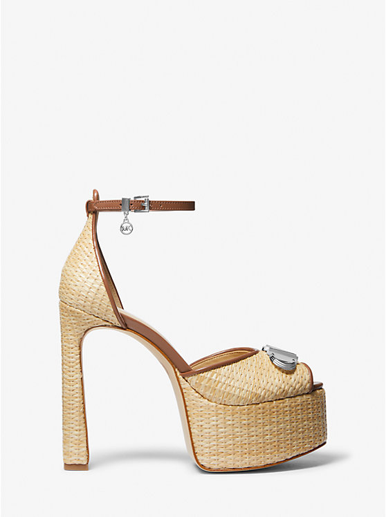 Női Michael Kors Martina Straw Peep-Toe Platform Pump Szandál NATURAL/LUGGAGE | HU1925YXM