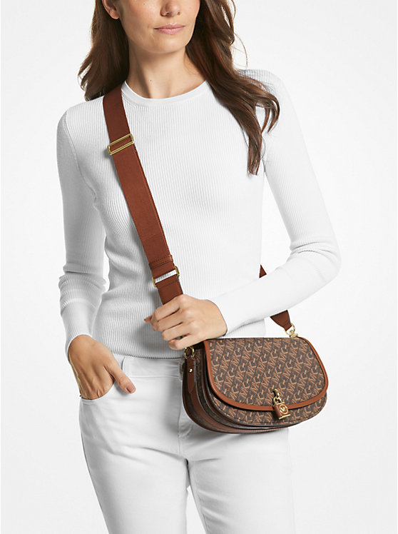 Női Michael Kors Mila Medium Empire Signature Logo Messenger Táska BROWN/LUGGAGE | HU1167NWN