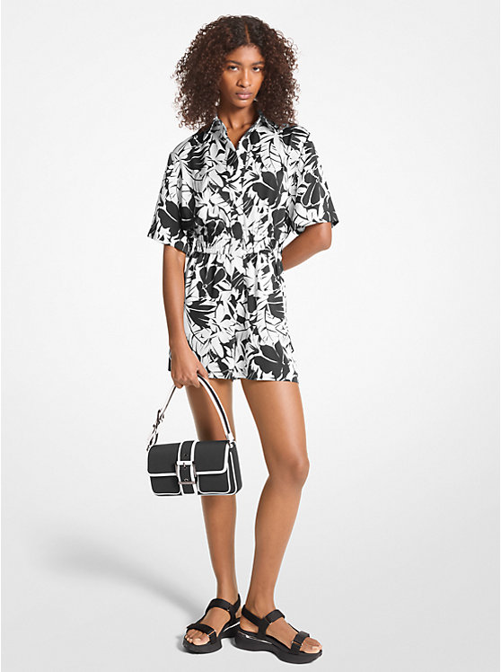 Női Michael Kors Palm Print Satin Romper Ruha BLACK/WHITE | HU1310GSY