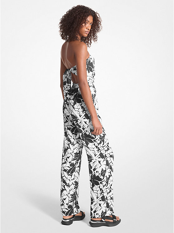 Női Michael Kors Palm Print Satin Tie-Back Jumpsuit Ruha BLACK/WHITE | HU1311HAU