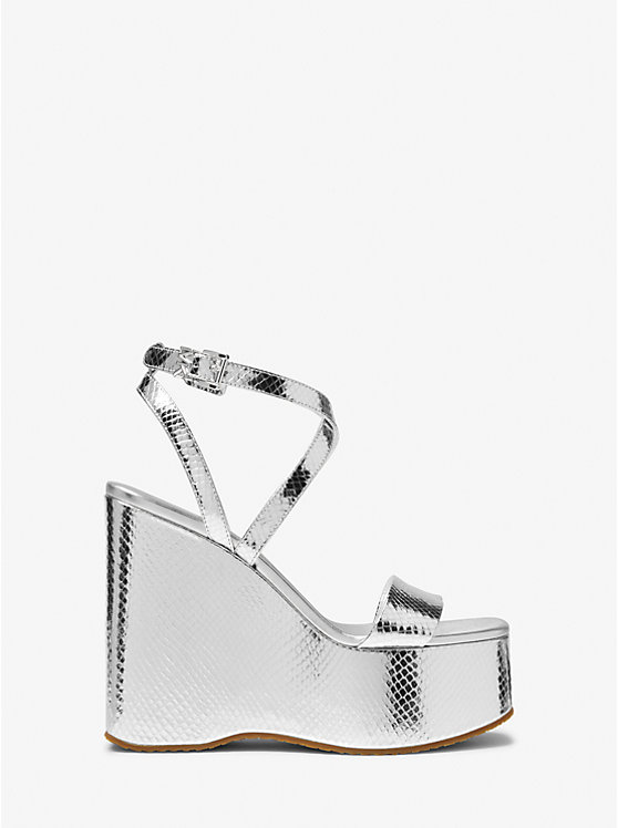 Női Michael Kors Paola Metallic Snake Embossed Leather Wedge Szandál Titán | HU1940XYG