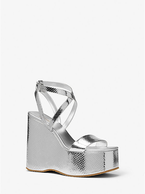 Női Michael Kors Paola Metallic Snake Embossed Leather Wedge Szandál Titán | HU1940XYG