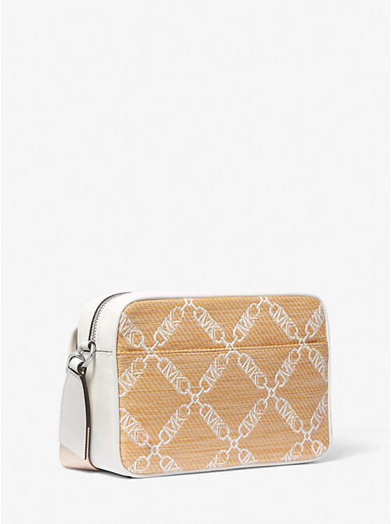 Női Michael Kors Parker Medium Empire Logo Jacquard Straw Crossbody Táska NAT/OPTICWHT | HU1128SGD