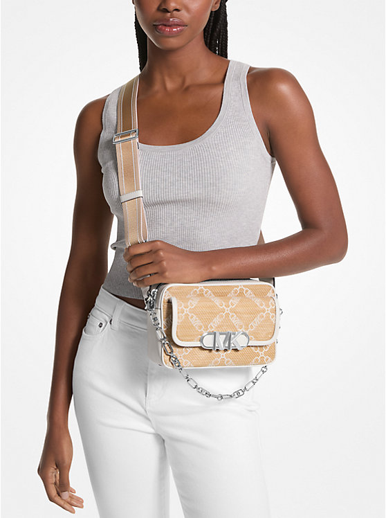 Női Michael Kors Parker Medium Empire Logo Jacquard Straw Crossbody Táska NAT/OPTICWHT | HU1128SGD